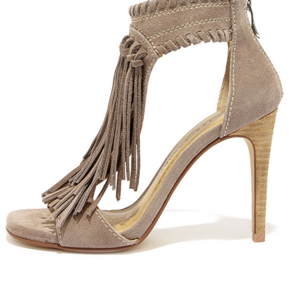 Chinese Laundry Santa Fe Taupe/Gray Suede Leather Fringe  Heel Sandals 10 EUC - Picture 3 of 11